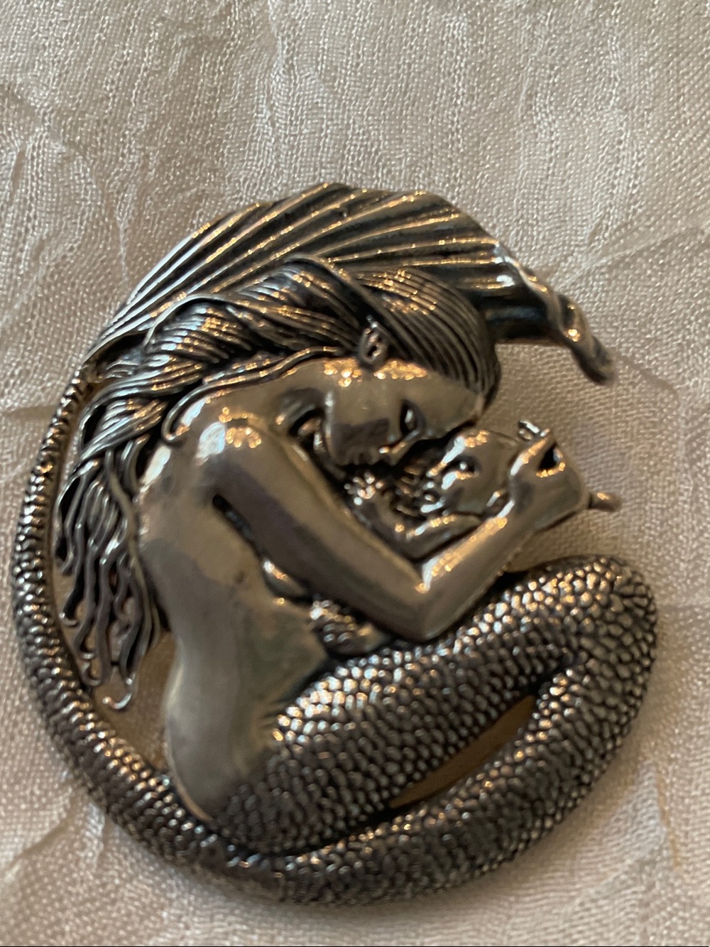 Sterling Silver Mermaid with Child Pendant, unmarked chain